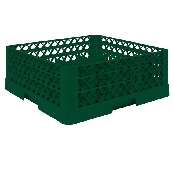 A green plastic Vollrath Traex glass rack with lattice design.