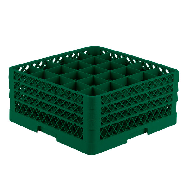 A Vollrath green plastic glass rack with 25 compartments.