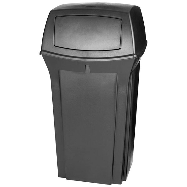 A black Rubbermaid Ranger outdoor trash container with 2 doors.