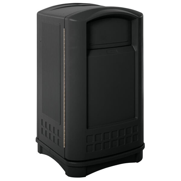A black rectangular Rubbermaid Plaza container with a side opening.