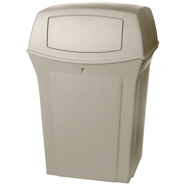 A beige Rubbermaid outdoor trash can with 2 doors.