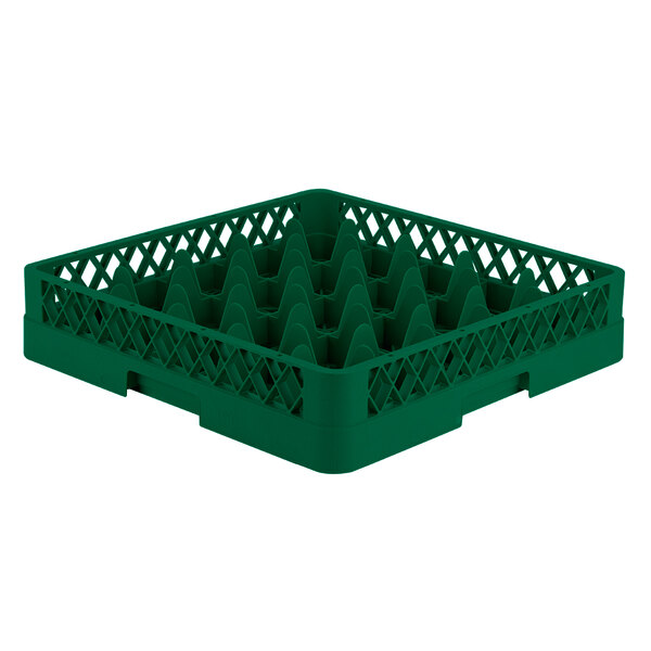 A green plastic Vollrath TR6 Traex glass rack with compartments and holes.