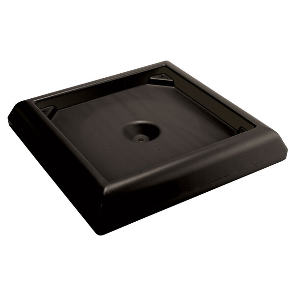 A black square Rubbermaid Ranger weighted base with a hole in the middle.