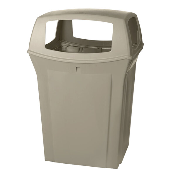 A beige Rubbermaid Ranger outdoor trash can with 4 openings.