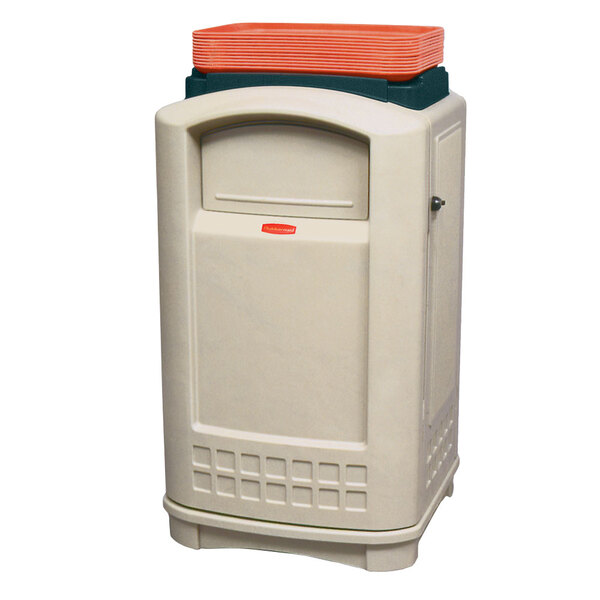 A beige Rubbermaid Plaza container with a tray top and side door.