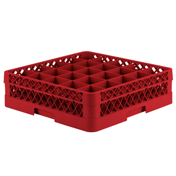 A red Vollrath Traex glass rack with 25 small compartments.
