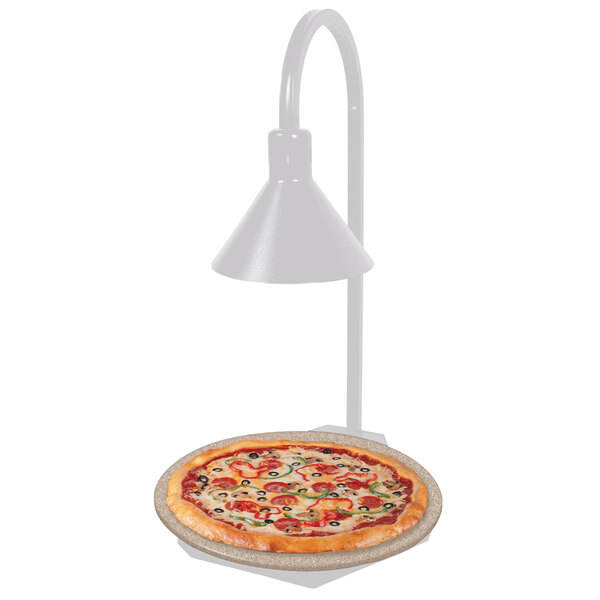 A Hatco heated stone shelf with a pizza on a plate under a lamp.