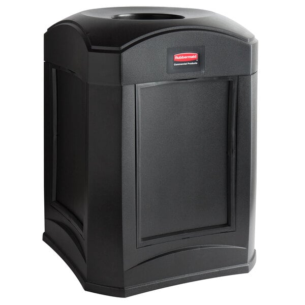 A black Rubbermaid Landmark Series rectangular funnel top frame with a panel frame.