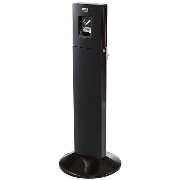 A black Rubbermaid cigarette receptacle on a stand.
