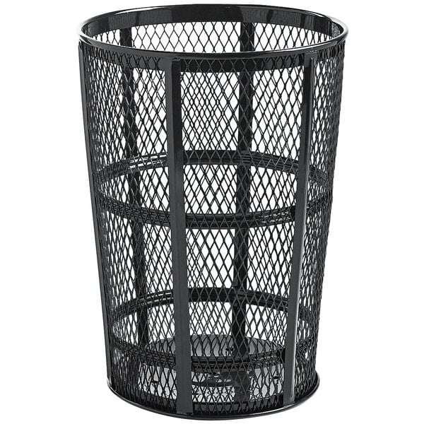 A black metal trash can with mesh sides.