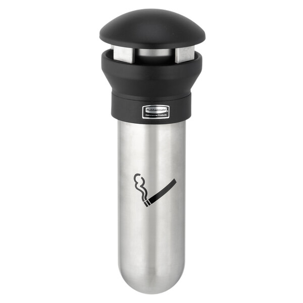 A Rubbermaid stainless steel cigarette receptacle with a black lid.