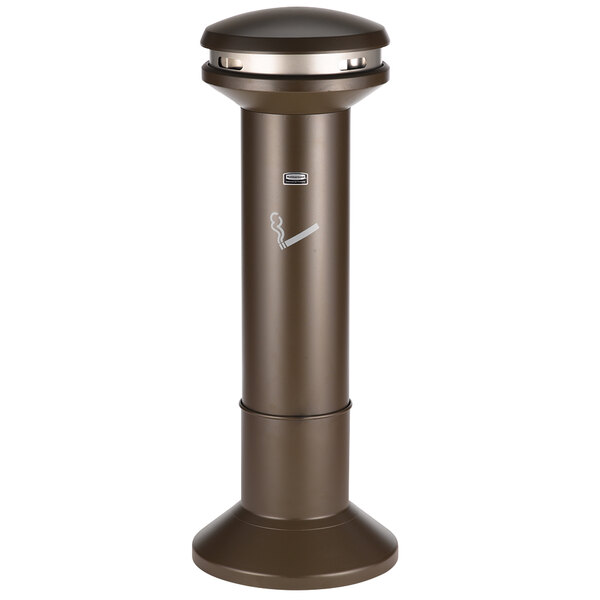 A brown metal Rubbermaid cigarette receptacle with a lid.