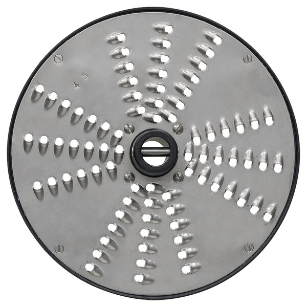 A circular stainless steel grater plate with holes in it.