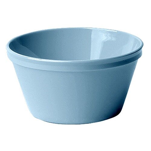 A close-up of a slate blue Cambro polycarbonate bouillon bowl with a white rim.