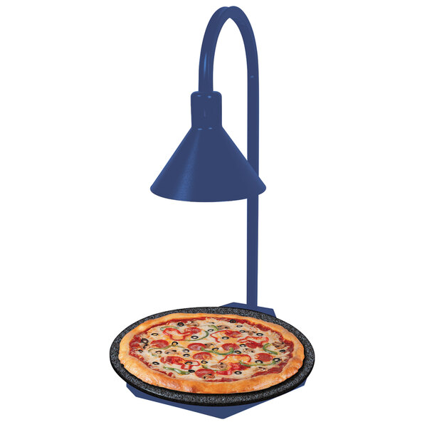 A Hatco heated stone shelf with a pizza and a display lamp.