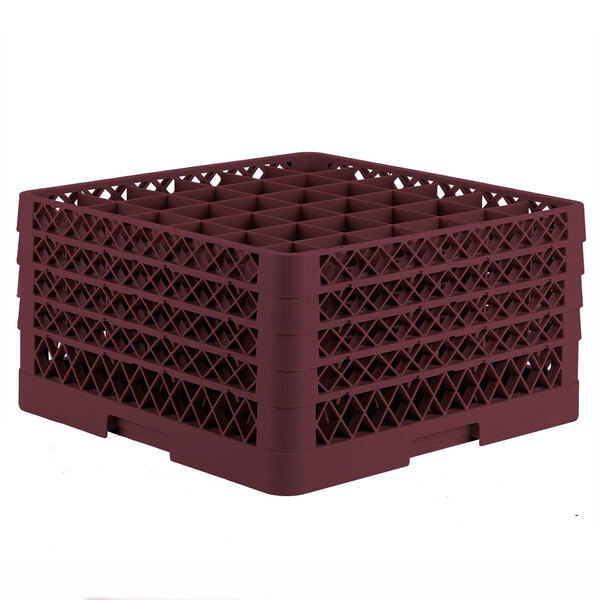 A burgundy Vollrath plastic rack with 36 compartments for glasses.