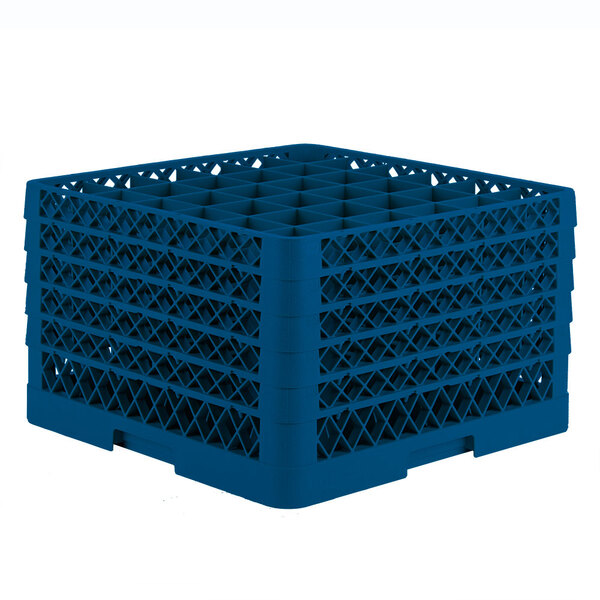 A blue plastic Vollrath Traex glass rack with many compartments and holes.