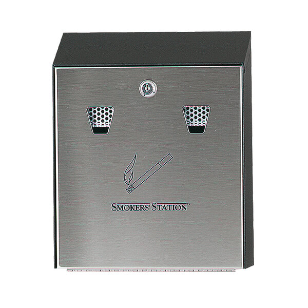 A black rectangular steel wall-mounted cigarette receptacle with a keyed cam lock.