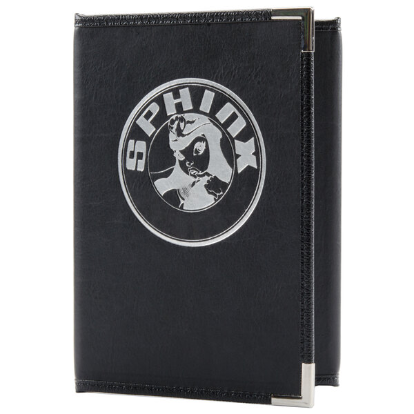 A black leather Menu Solutions Royal Select menu cover with a silver logo.