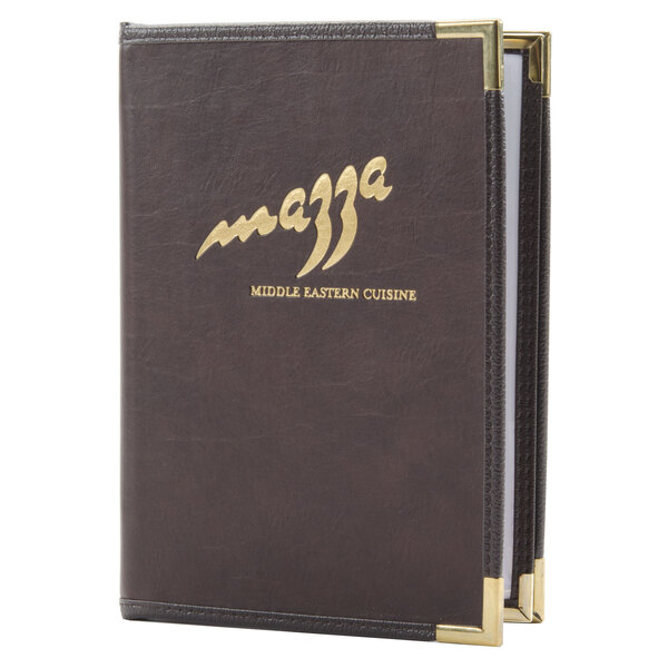 A brown leather Menu Solutions Royal Select menu cover with gold trim.
