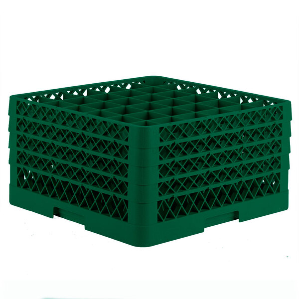A green plastic Vollrath Traex glass rack with 36 compartments.