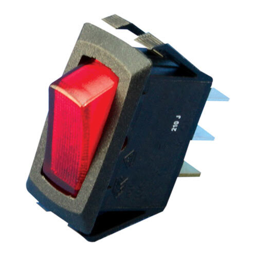A red lighted switch with metal pins.