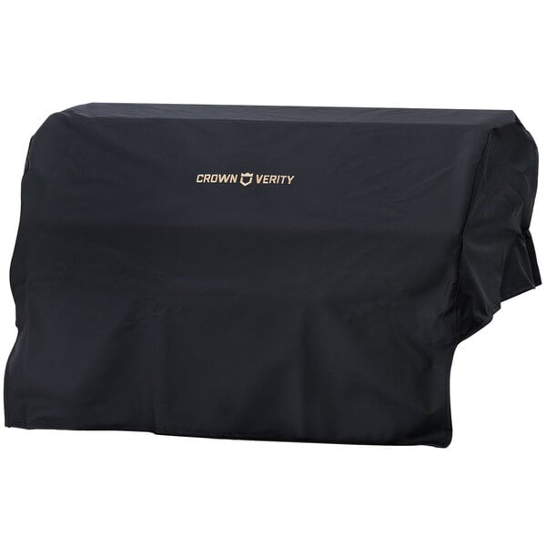 A black Crown Verity BBQ cover over a white surface.