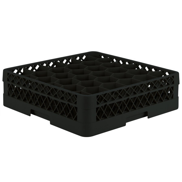 A black plastic Vollrath Traex glass rack with compartments and grids.
