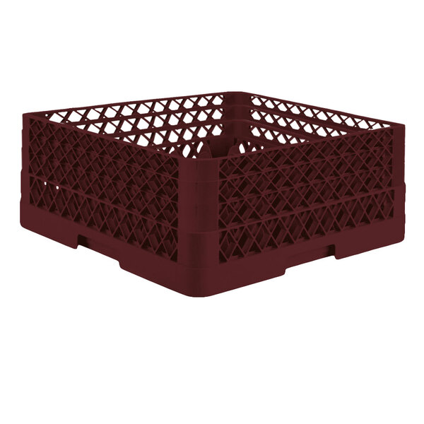 A red plastic Vollrath Traex glass rack with 36 compartments and an open rack extender.