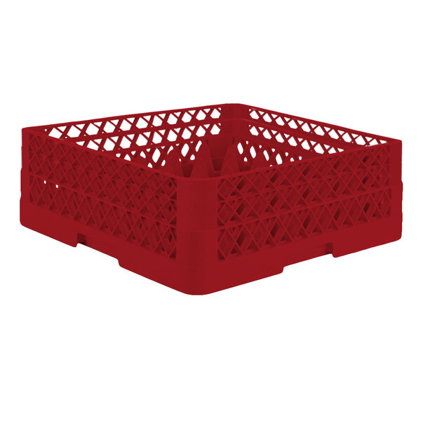 A red Vollrath Traex glass rack with a lattice pattern.
