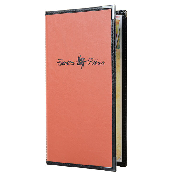 A black leather-like menu cover with pink stitching and the word "Gourmet" on it.