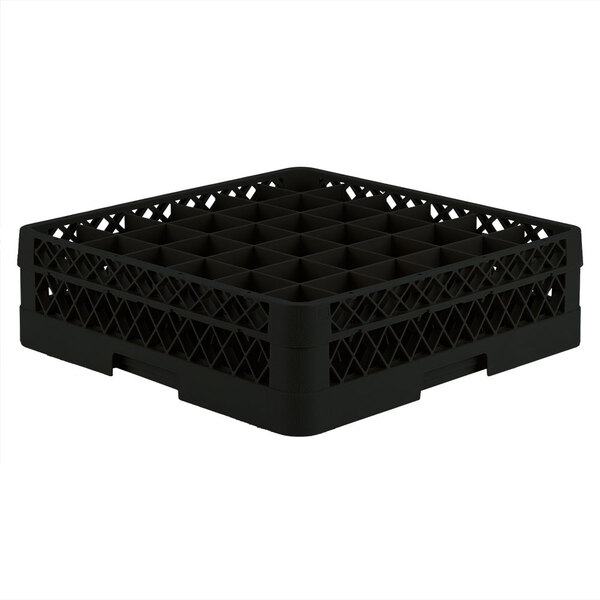A black plastic Vollrath Traex glass rack with 36 compartments.