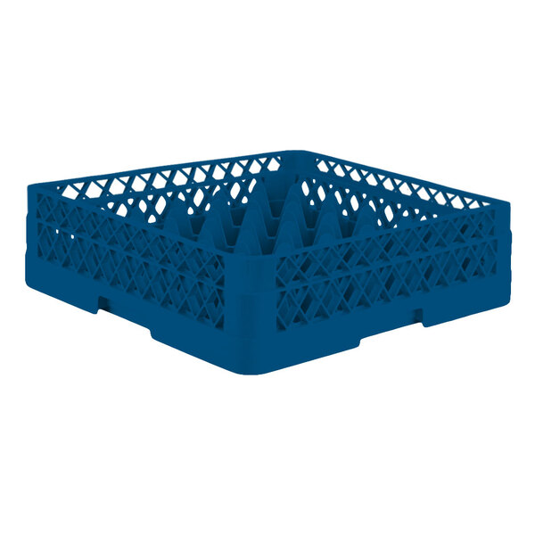 A Vollrath Royal Blue plastic glass rack with a lattice pattern and extenders.