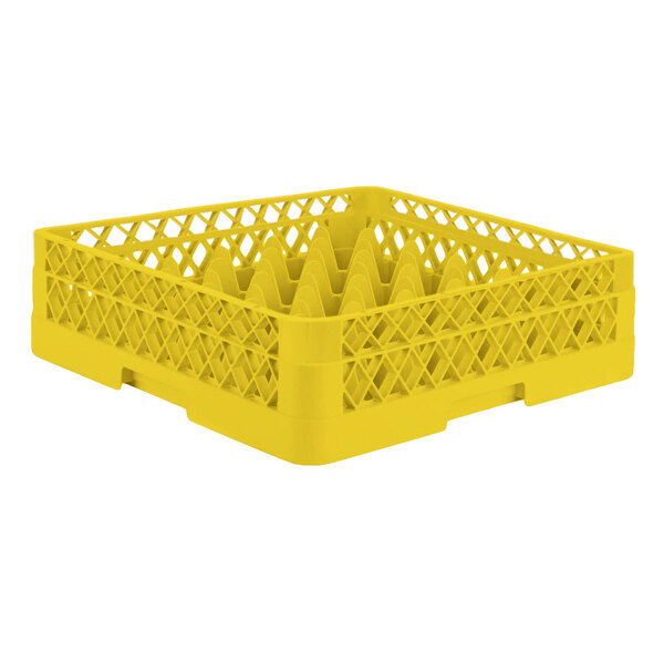 A yellow plastic Vollrath glass rack with 36 compartments.