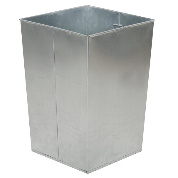 A Rubbermaid galvanized metal liner for a square trash container.