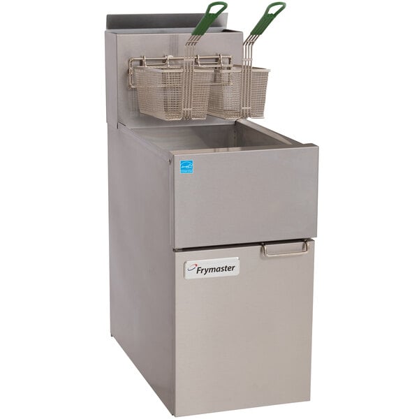 A Frymaster liquid propane floor fryer with stainless steel pot and two baskets.