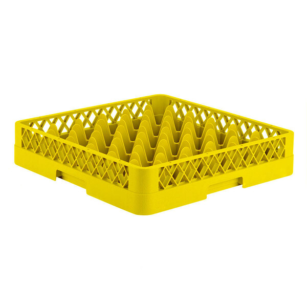 A Vollrath yellow plastic dish rack with compartments and holes.