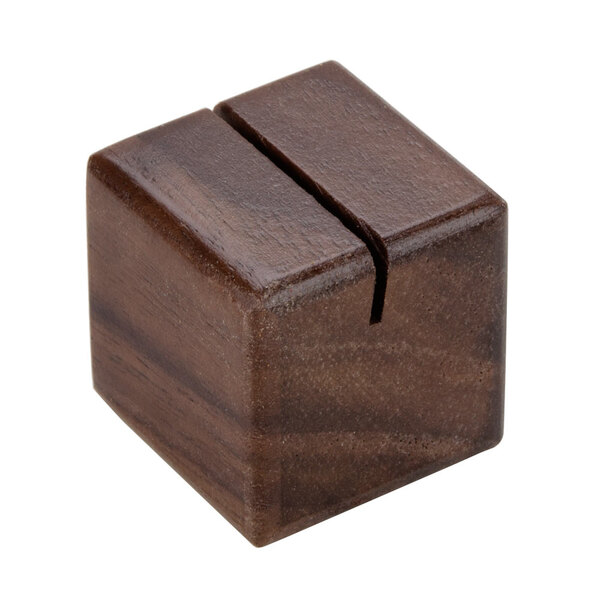 An American Metalcraft walnut wood square table card holder with two sides.