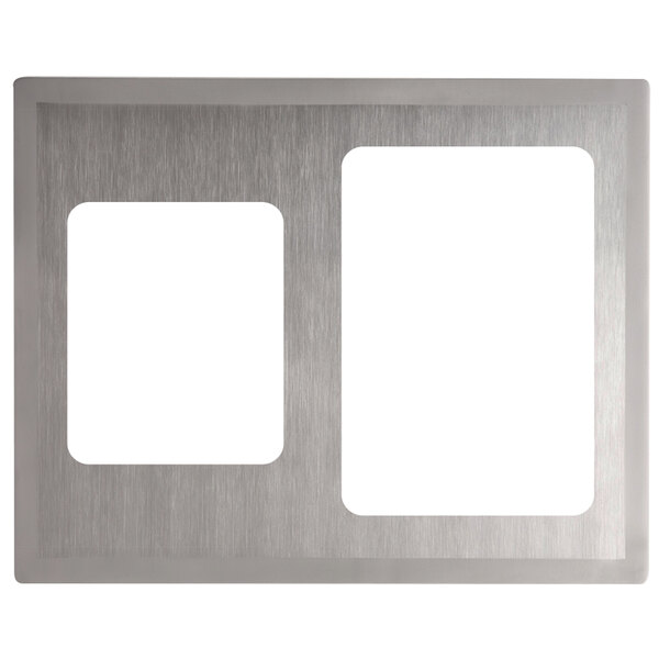 A white board with a silver frame and two silver rectangles.