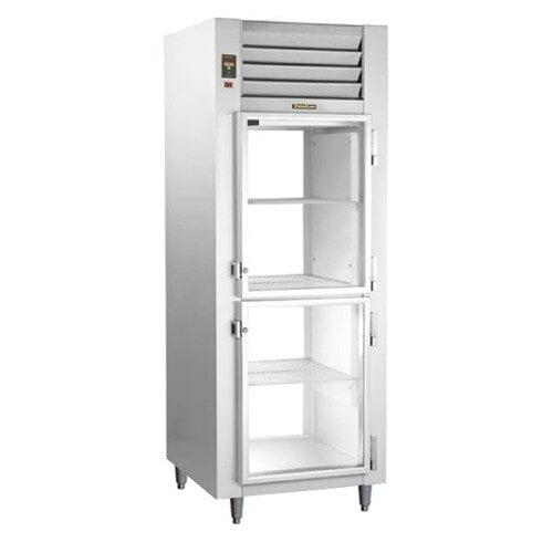 A Traulsen specification line white pass-through refrigerator with glass doors.