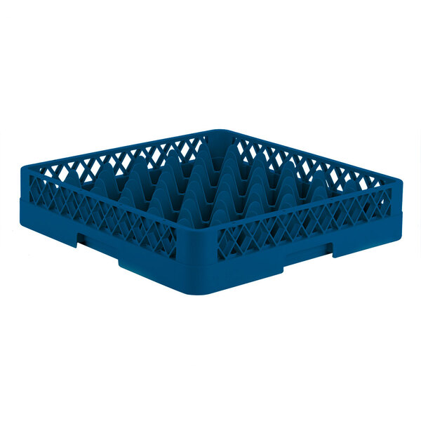 A Vollrath blue plastic dish rack with a grid pattern.