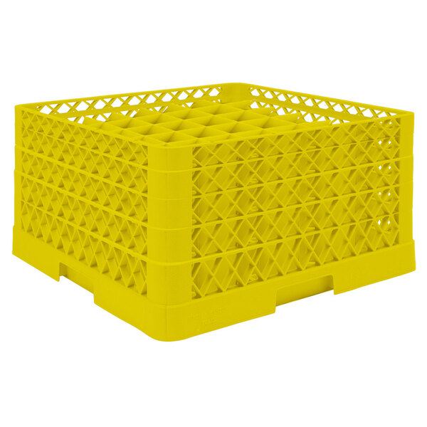 A yellow plastic Vollrath Traex glass rack with many compartments and an open rack extender.