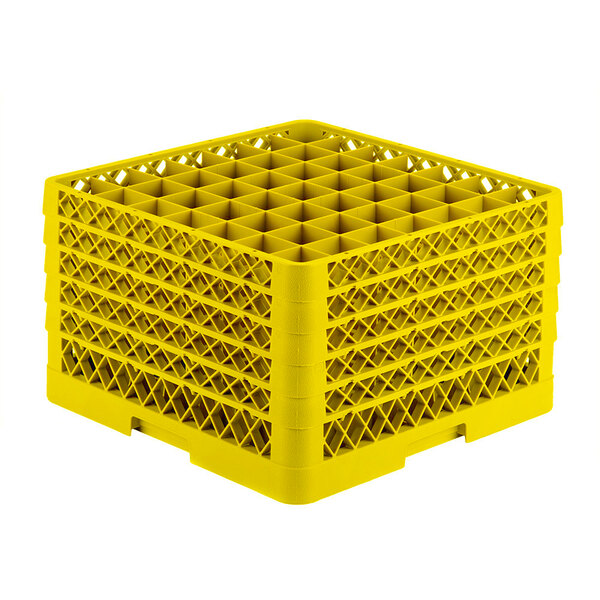 A yellow Vollrath Traex glass rack with 49 compartments for holding small items.