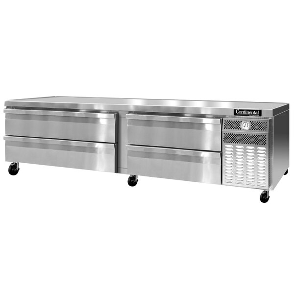 A Continental Refrigerator stainless steel chef base with four drawers.