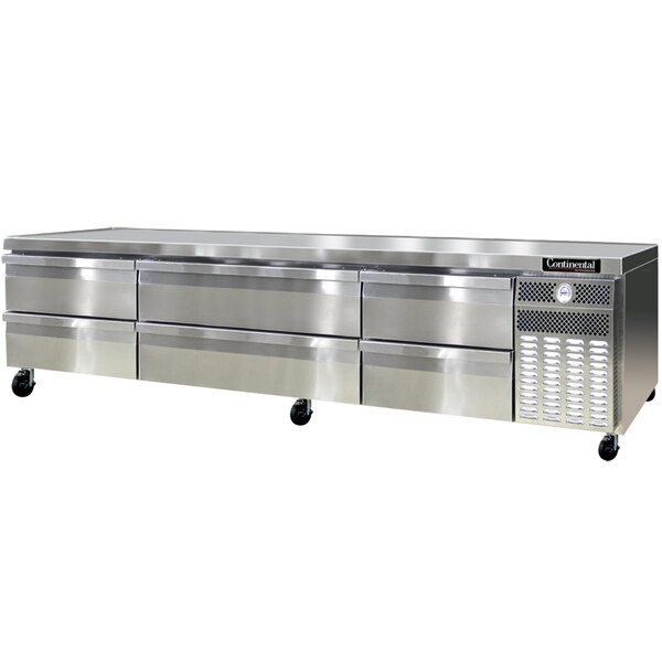 A Continental Refrigerator stainless steel chef base with six drawers.