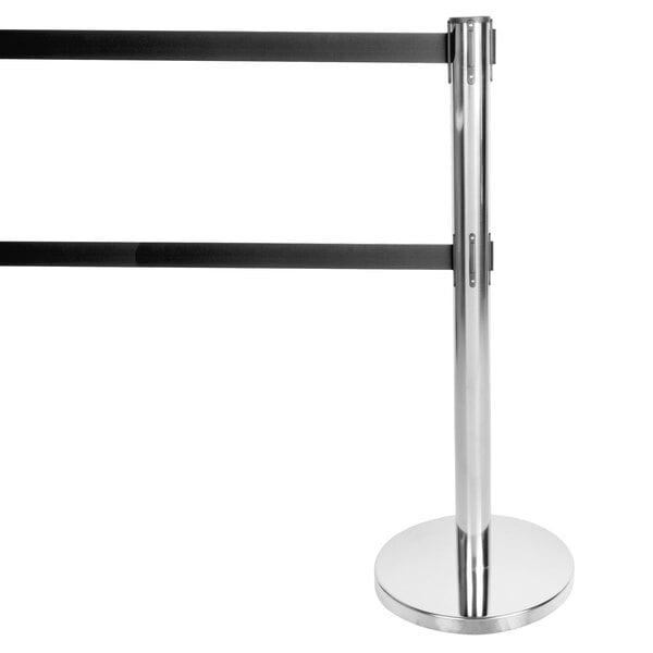 A silver Aarco crowd control stanchion with black retractable belts.