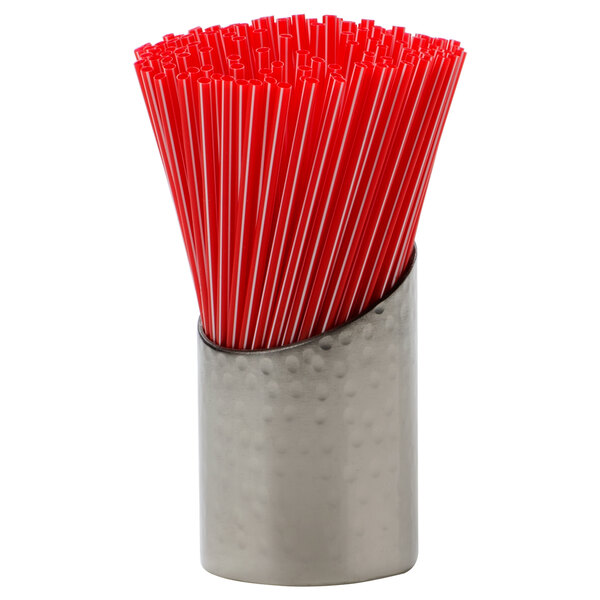A metal American Metalcraft sugar caddy holding red straws.
