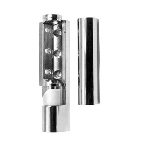 A close-up of a silver metal cam lift hinge with a white background.