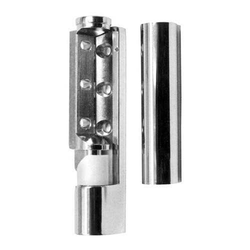A close-up of a pair of All Points stainless steel cam lift hinges.