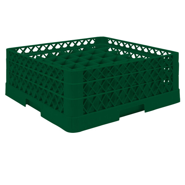 A green plastic Vollrath Traex glass rack with 49 compartments and an open rack extender on top.